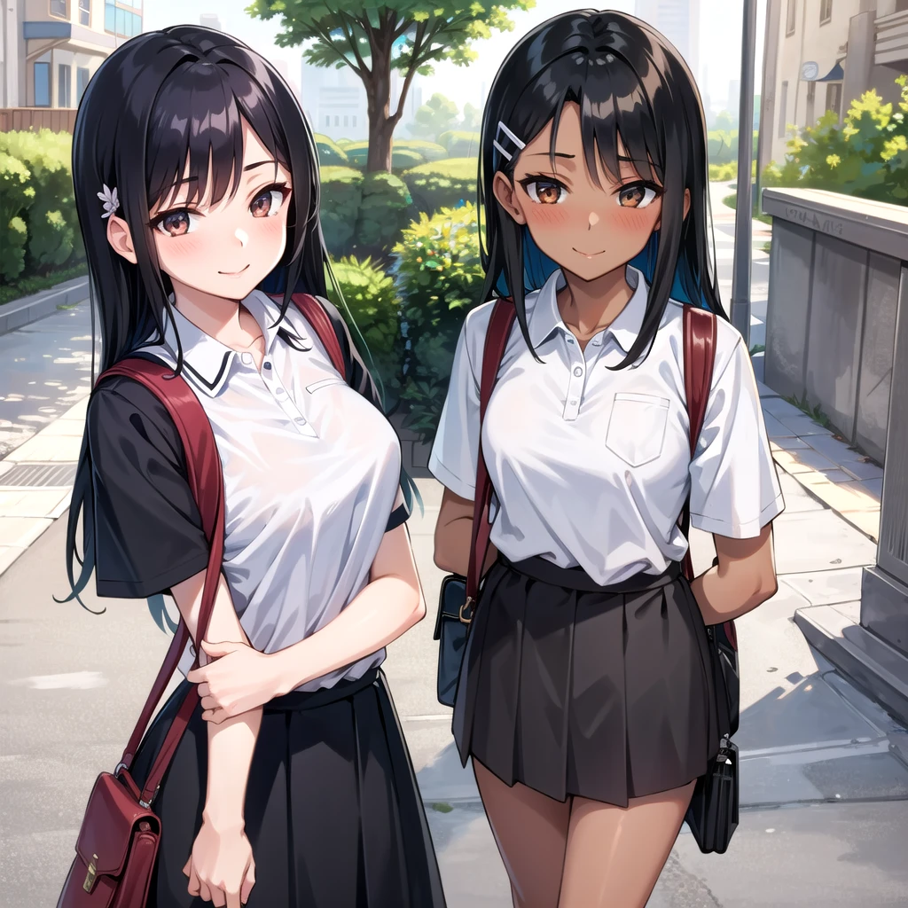 ((best quality)), ((masterpiece)), (details), one girl, y ((best quality)), ((masterpiece)), (details), one girl, sex(best quality)), ((masterpiece)), (details), one girl, full body, sexy ensive body, expensive, long legs, mature woature, adult, atoro_main, Hayase Nagatoro, one girl, blushing, alone, uniform polo shirt, short sleeves, black hair, bag, brown eyes, hair accessory, looking at viewer, hair clip, outdoors, backpack, smiling, long hair, dark skinned woman, dark skin, , bangs, daytime, skirt, collared shirt, collarbone, ear clip, mouth closed, tree, asymmetrical bangs, upper body