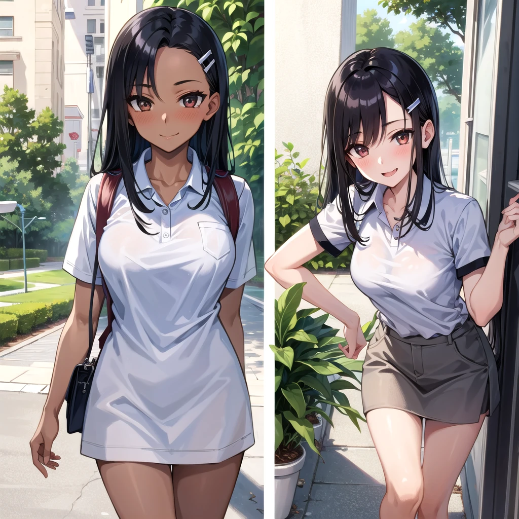 ((best quality)), ((masterpiece)), (details), one girl, sexy ((best quality)), ((masterpiece)), (details), one girl, sexy ((best quality)), ((masterpiece)), (details), one girl, full body, sexy expensive body, expensive, long legs, mature woman, mature, adult, it_nagatoro_main, Hayase Nagatoro, one girl, blushing, alone, uniform polo shirt, short sleeves, black hair, bag, brown eyes, hair accessory, looking at viewer, hair clip, outdoors, backpack, smiling, long hair, dark skinned woman, dark skin, , bangs, daytime, skirt, collared shirt, collarbone, ear clip, mouth closed, tree, asymmetrical bangs, upper body