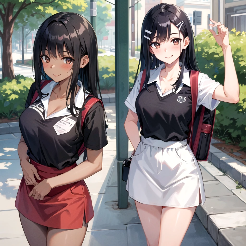 ((best quality)), ((masterpiece)), (details), one girl, sexy ((best quality)), ((masterpiece)), (details), one girl, sexy ((best quality)), ((masterpiece)), (details), one girl, full body, sexy expensive body, expensive, long legs, mature woman, mature, adult, it_nagatoro_main, Hayase Nagatoro, one girl, blushing, alone, uniform polo shirt, short sleeves, black hair, bag, brown eyes, hair accessory, looking at viewer, hair clip, outdoors, backpack, smiling, long hair, dark skinned woman, dark skin, , bangs, daytime, skirt, collared shirt, collarbone, ear clip, mouth closed, tree, asymmetrical bangs, upper body