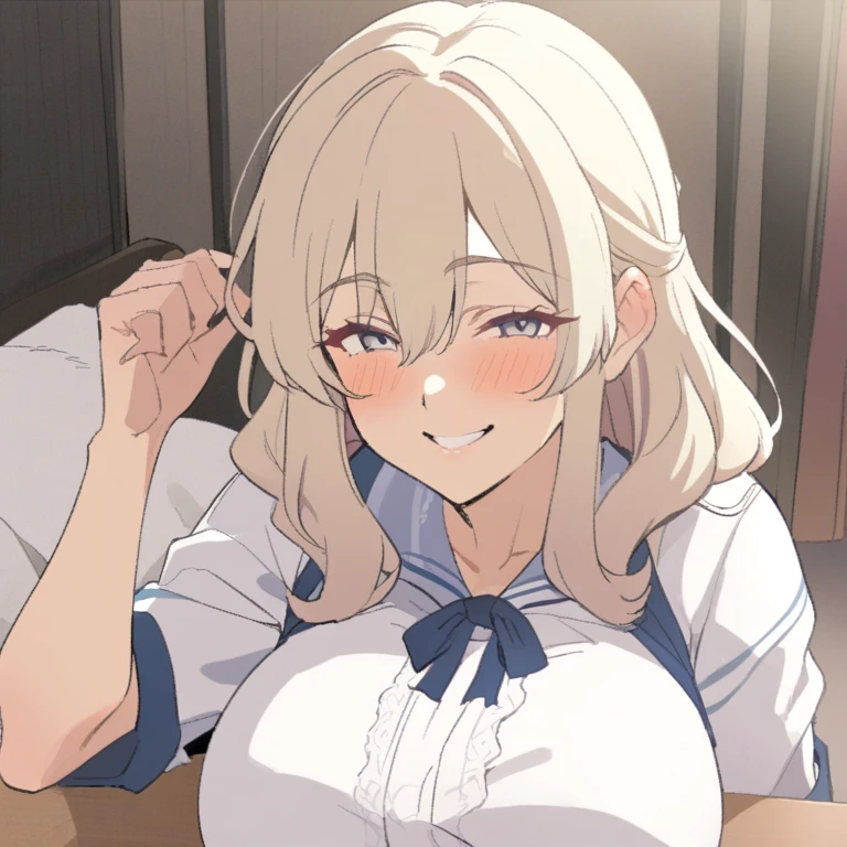 {{upper body, POV}} {{Artist: sincos}} 1girl, mature female, elv, white dress, (big breasts:1.3), smiling, offering tea