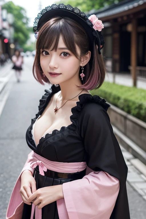 girl, White skin, ((Dark brown short tiered hair)), V cut with layers and bangs, Brown eyes, Soft atmosphere characteristics (Highest quality, Ultra-high resolution, 8K, RAW Photos, Ultra-high resolution: 1.2, masterpiece: 1.3), (Realistic, Realistic: 1.37), Very detailed, Professional Lighting, Photon Mapping, Radio City, 物理ベースレンダring, One Girl, (high school girl), Sharp focus:1.2、Beautiful woman:1.4,cute, Nice, Adorable smile, Normal chest, Cross Necklace、Earrings、ring,(Cleavage)、((Dark brown short hair),Gothic ta Fashion, (((Pink and black gothic loliimono))),Japanese cityscape、Kyoto,Selfie,Portrait style