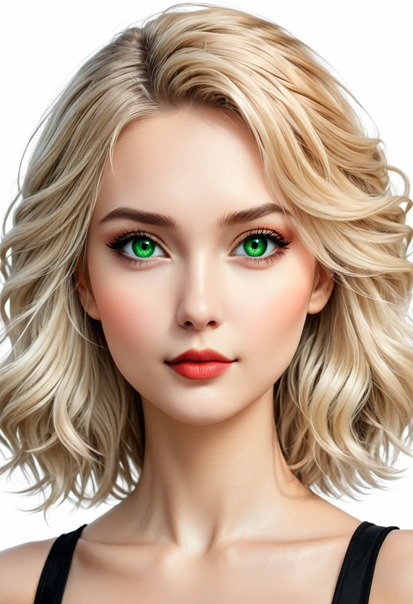 red colored circular logo, black and white avatar of a woman with blonde hair and caucasian skin, green eyes, Russian looking, with white background