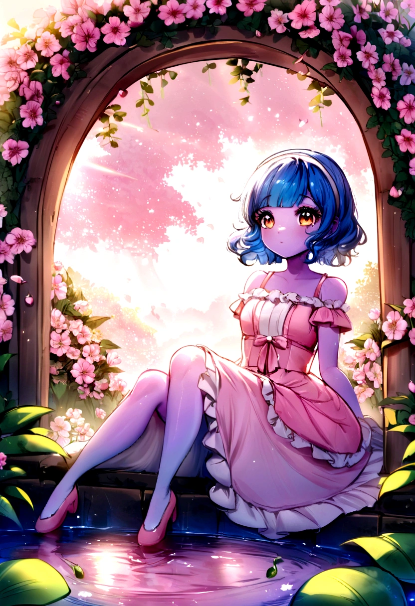 My little pony, cozy glow, young girl, blue swirly short hair, swirly bangs, (pastel pink skin), ((blue hair with light blue strains)), orange eyes, white hair band, in a pink botanical garden, Nyssa sylvatica garden arch, pink shimmering ponds with lily pads, cherry blossom tress everywhere, light pink crepuscular rays, pink dappled rays, pink soft evening sky, pink clouds, pink and white roses everywhere, pink frilly dress, soft innocent look, red morning glory Delphinium all around her, ultra high quality, sitting under a pink cherry blossom tree, pink garden