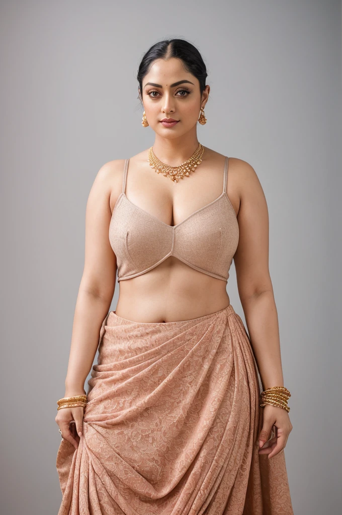 Looks like Sandeepa Dhar, a photo portrait of a beautiful girl 40 years old Woman, curvy hot mommy figure, fleshy figure, feminine curve, with curls, styled black hair, (face portrait:1.5), dramatic light, Rembrandt lighting scheme, bust shot, linen tank top , top quality editorial photograph, skin texture, skin pores, chocolate skin, high quality skin, top quality photography, professional photography, professional retouching, insane detailing, warm moody tones, modern clothes, highly detailed armpits,
