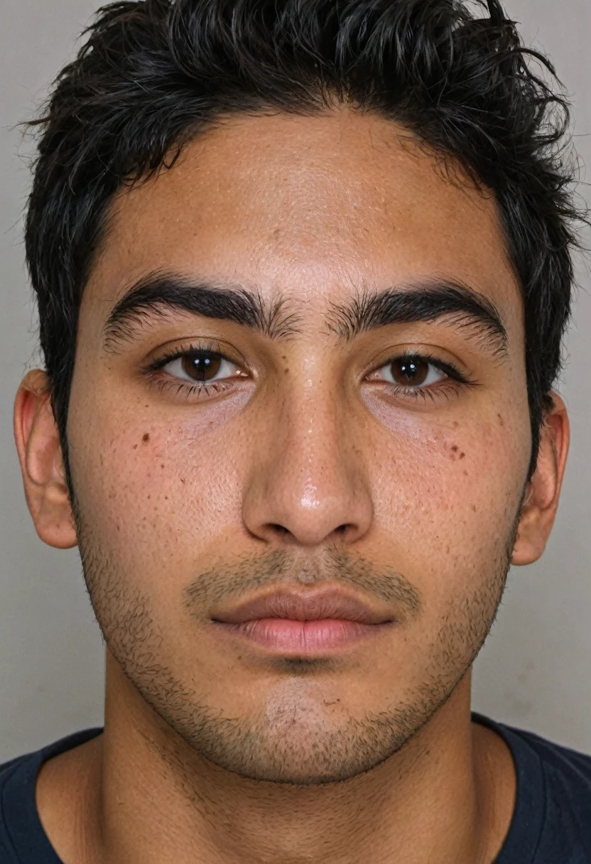 A young man with a rectangular face, Brazilian, appearing to be around 25 years old. He has black hair, short and slightly messy in the front, with some strands falling over his forehead. His skin shows signs of dermatological irritation, with visible redness in the forehead area, mainly between the eyebrows and nose, as well as red spots on the cheeks and jaw.

His face is symmetrical, with well-defined facial features. He has large, dark eyes, thin, contoured eyebrows and a straight nose. His lips are medium in size and he has stubble, indicating that he has not shaved recently.