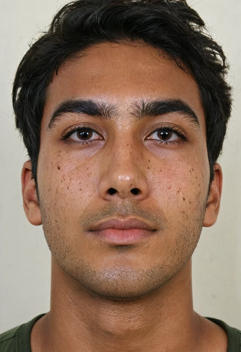 A young man with a rectangular face, Brazilian, appearing to be around 25 years old. He has black hair, short and slightly messy in the front, with some strands falling over his forehead. His skin shows signs of dermatological irritation, with visible redness in the forehead area, mainly between the eyebrows and nose, as well as red spots on the cheeks and jaw.

His face is symmetrical, with well-defined facial features. He has large, dark eyes, thin, contoured eyebrows and a straight nose. His lips are medium in size and he has stubble, indicating that he has not shaved recently.