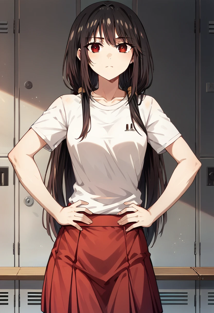 ultra-detailed,highly detailed,best quality,masterpiece,illustration, 
The image features an anime-style character with long, dark hair and heterochromatic eyes—one red and one yellow. The character is wearing a white sports shirt with red accents and a matching red skirt. The setting appears to be a locker room or a sports equipment room, as there are clothes and uniforms hanging in the background. The character's pose, with hands on hips and a slightly tilted head, suggests confidence or curiosity. The lighting is soft, casting gentle shadows and giving the scene a somewhat realistic touch despite its animated nature.