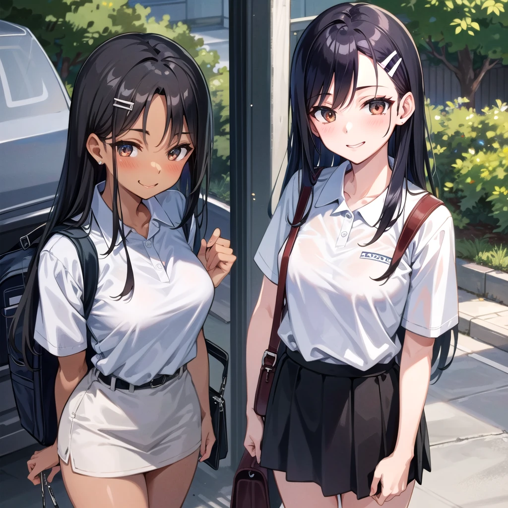 ((best quality)), ((masterpiece)), (details), one girl, sexy ((best quality)), ((masterpiece)), (details), one girl, sexy ((best quality)), ((masterpiece)), (details), one girl, full body, sexy expensive body, expensive, long legs, mature woman, mature, adult, it_nagatoro_main, Hayase Nagatoro, one girl, blushing, alone, uniform polo shirt, short sleeves, black hair, bag, brown eyes, hair accessory, looking at viewer, hair clip, outdoors, backpack, smiling, long hair, dark skinned woman, dark skin, , bangs, daytime, skirt, collared shirt, collarbone, ear clip, mouth closed, tree, asymmetrical bangs, upper body