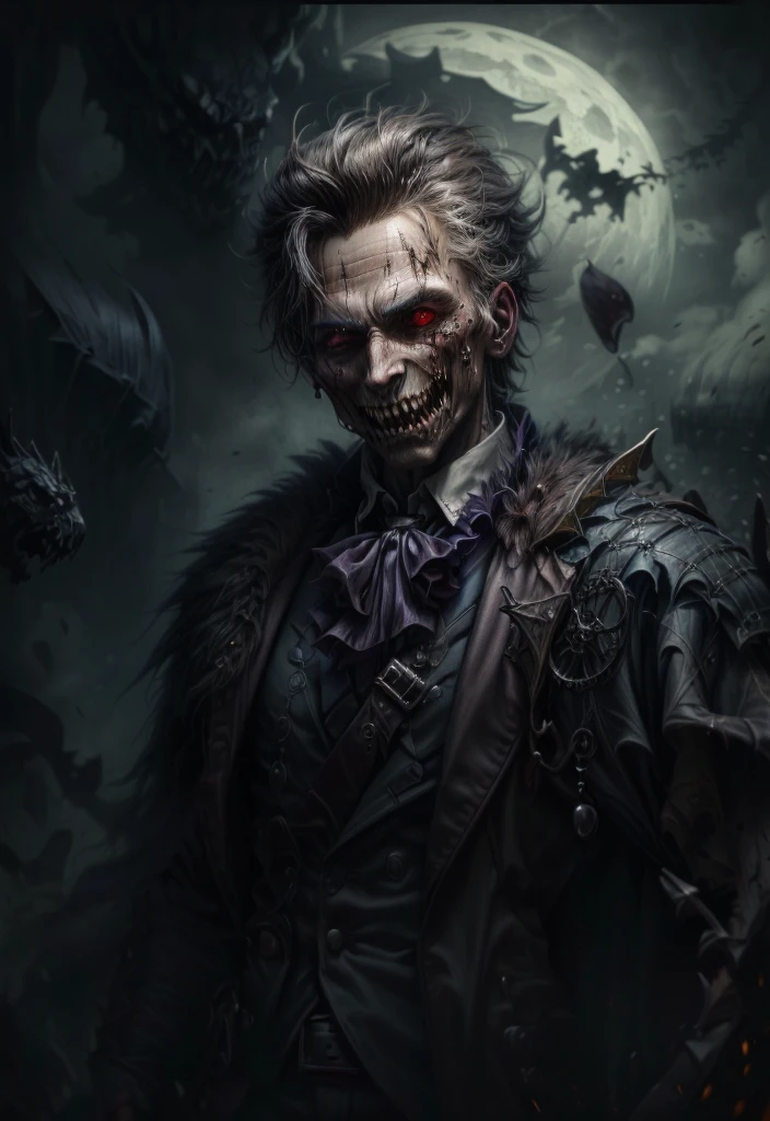 image of a man in a dark suit against the backdrop of the full moon, dark fantasy portrait, portrait of a blood hunter, dark fantasy art, dark fantasy character design, Fantasy portrait, Epic fantasy portrait, portrait of the old necromancer, dark fantasy, mixed with realism, wide mouth with fangs, sharp teeth, torn mouth, teeth like a monster, Human, красивый Human средних лет, gothic outfit, medieval outfit