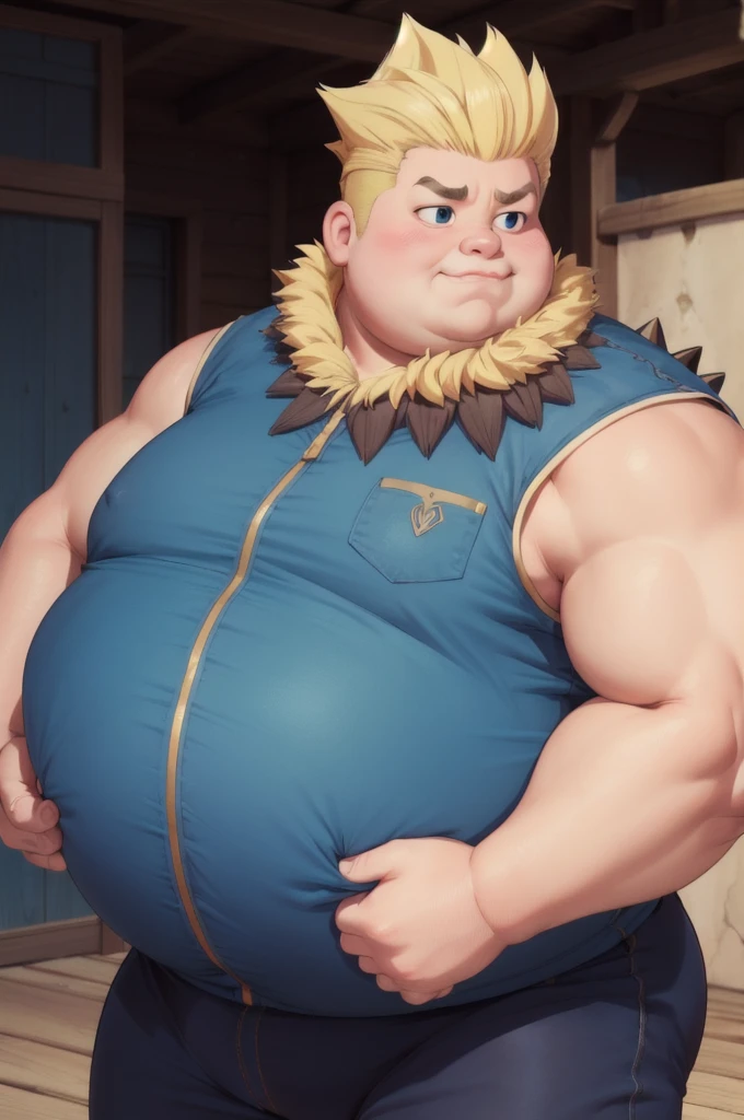 Epic Citizen Zootopia style, My Heroe Academia Character, Dungeons and Dragons style, A poor villager, obese Medieval Fantasy, Real life, Anime serie, Anime character, Obese muscle Obese Sumo wrestler Werebeast Kid, full body pic (obese, strong legs and arms) Sumo wrestler Werebeast Kid. Obese muscle fat kid (bulky, wide, broad shoulders), Citizen obese Werebeast kid, masterpiece, best quality, game cg, 1boy, solo, male focus, looking at viewer, upper body, depth of field, anime coloring, , sting_eucliffe, blonde hair, blue eyes, spiked hair, , ,