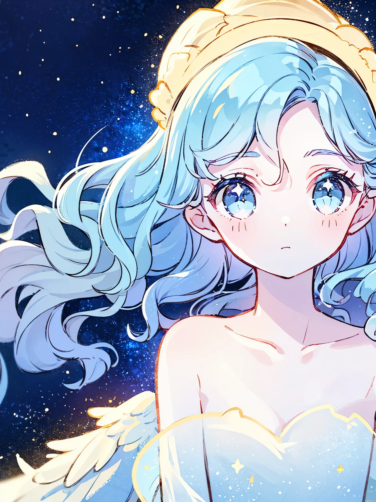 nude angel girl wearing an ethereal translucent dress, pale skin, ((blue mint wavy hair)), white feathers, angel wings, sparkling detailed eyes, golden ratio face, perfect composition, highly detailed, ethereal, (starry night sky background), midjourney style