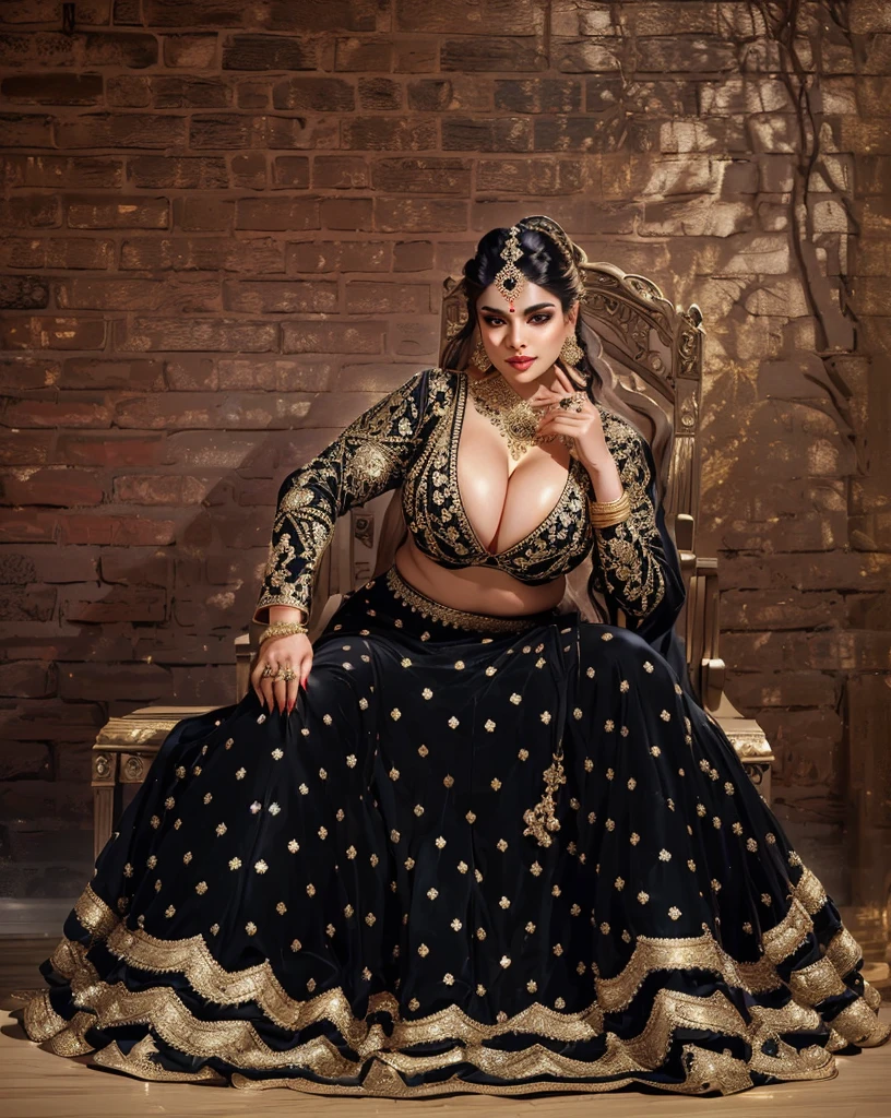 araffe woman in a black and gold dress sitting on a chair, indian empress, indian goddess, 4 k glamour photography, intricate outfit, cinematic goddess shot, regal pose, portrait shot, royal elegant pose, full body photoshoot, wearing an ornate outfit, traditional beauty, full body shoot, full pose, 7 0 mm. dramatic lighting, alluring plus sized model, big , cleavage show