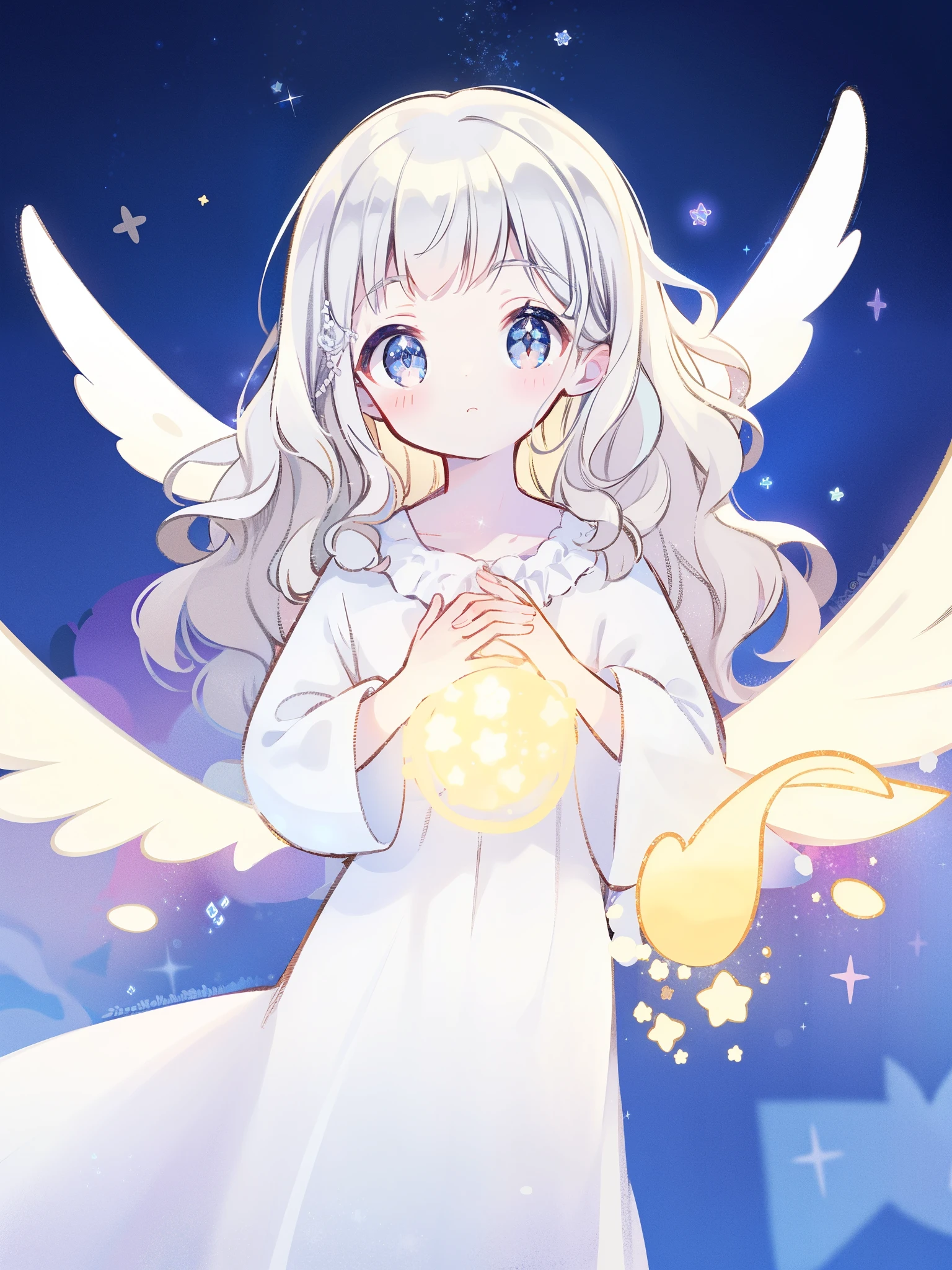 angel girl wearing an ethereal flowing layered dress, pale skin, ((sparkling wavy white hair)), white feathers, angel wings, sparkling detailed eyes, golden ratio face, perfect composition, highly detailed, ethereal, (starry night sky background), midjourney style