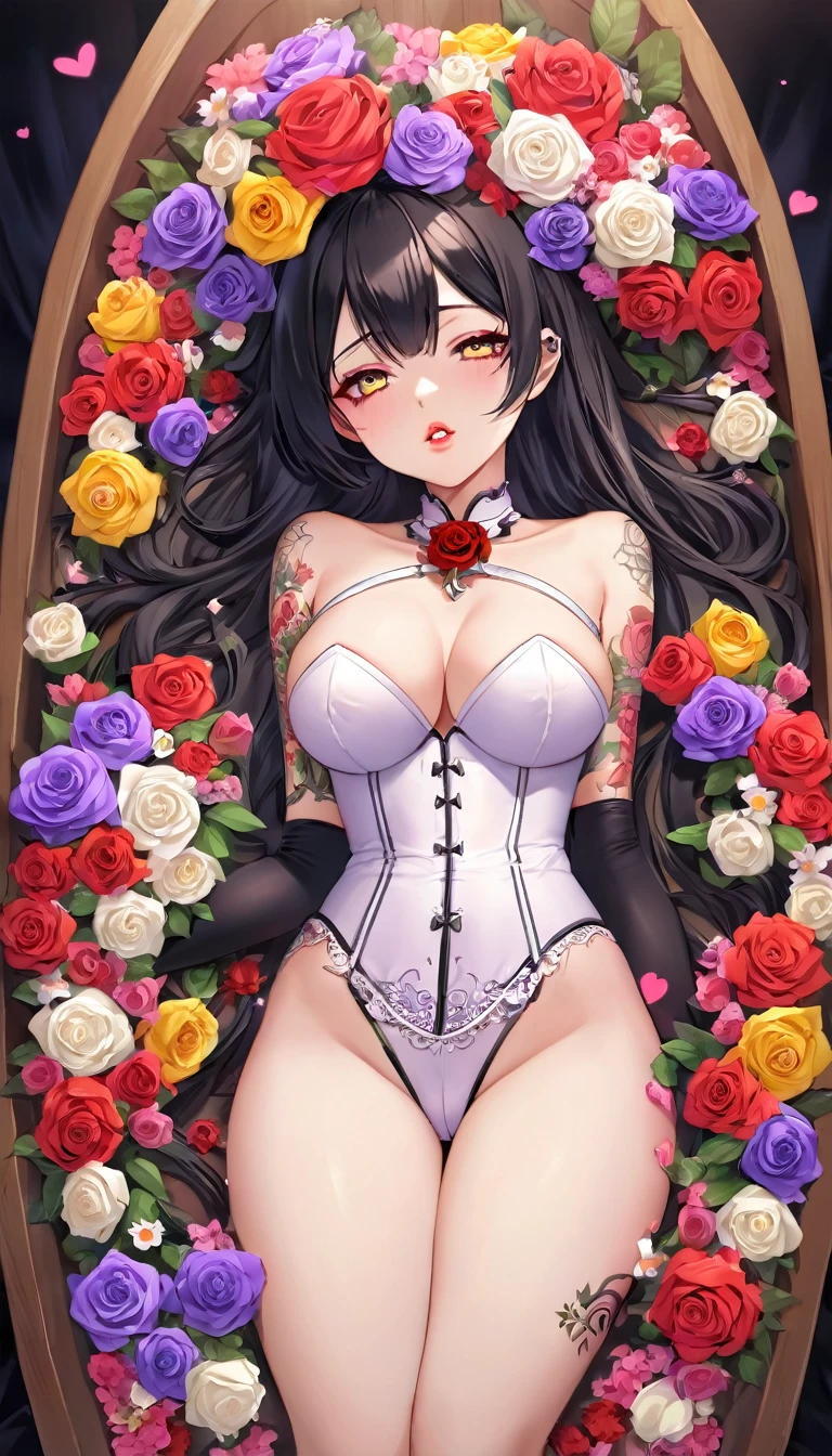 {{{{{16k}}}}}, {{{{{transforming a pure corpse girl into her facial rank and tits rose to the SSS rank of top-notch pretty actresses, She is laid on an coffin of flowers bouquets of flowers are stabbed all over her body and her body becomes more curvy, she is turned into a cutesy flower arrangements, she sleeps and she lost her life the moment she is fully asleep the flower glows absorbs her life blooms more cutely and transforms her corpse into something lovely and capable of eternal necrophilia, Each time she was necrophiliac her tattoos increased the tattoos her waist and underbust became thinner, her breasts become even larger and deeper with cleavage, Her hair is replaced by a bang long glossy very Straight black hair, A -yeld yougirl who was supposed to have died, but was injected with more and more female hormones and Reproduce as underbust and topbust firmness lasciviousness 18-years-old virgin nudity girl of the expression dyed in bewitching eroticism, Grown bodies are reproduced with cheeks so vivid and lips so thick and dark that it is hard to believe they are sexually knowledgeable and sexy looking corpses, She is fitted with a heart collar that puts people into eternal sleep which transforms her into a cute once-in-a-millennium narcotic flower arrangement that becomes her too-cute corpse}}}}},{{Extremely detailed}},{{{{{integrated her head pure small, All the fat from her limbs and waist will move to her swinging tits and slender limbs, Enchanting Too thick and erotic lips, Her thickened lips shimmer with luster, A cutely girl's soul-draining white eyes}}}}},{{{{{Her tattoos spread all over her body, She is tattooed with lewd flowers on her neck, arms, lower abdomen, thighs, Flower piercings are attached all over her body}}}}}