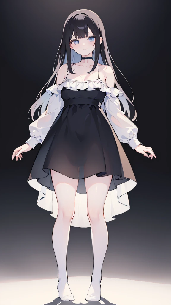masterpiece, 8K, Detailed face, best quality, Must be created as described, (1 girl, alone, 20 years old, 158cm), (Black hair, long hair, Straight Hair, Bangs), (innocent, Big blue eyes like diamonds), (fair skin, thin waist, long legs), (Wearing a close-fitting pure white dress, spaghetti straps, V-neck style), (The dress is light and translucent, Perfect fit, 連身裙只有spaghetti straps, There are no sleeves), (wearing white socks, No shoes), (Show your thighs, Show your arms, You should be able to see the curve of your thighs, Highlight your figure), (The expression looks shy, but with a smile), (light black background, Full body portrait, Stand Up Straight, symmetry)