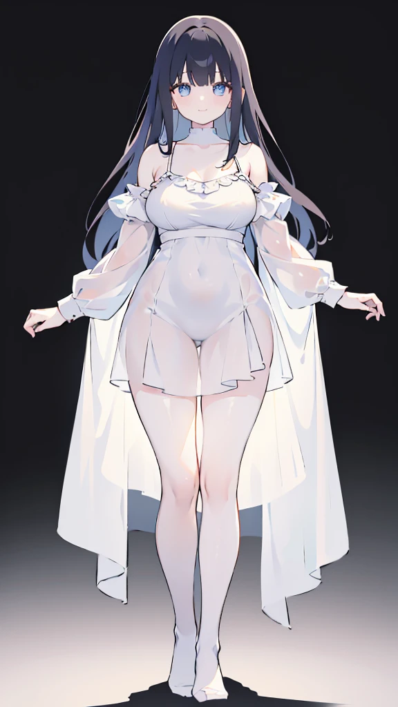 masterpiece, 8K, Detailed face, best quality, Must be created as described, (1 girl, alone, 20 years old, 158cm), (Black hair, long hair, Straight Hair, Bangs), (innocent, Big blue eyes like diamonds), (fair skin, thin waist, long legs), (Wearing a close-fitting pure white dress, spaghetti straps, V-neck style), (The dress is light and translucent, Perfect fit, 連身裙只有spaghetti straps, There are no sleeves), (wearing white socks, No shoes), (Show your thighs, Show your arms, You should be able to see the curve of your thighs, Highlight your figure), (The expression looks shy, but with a smile), (light black background, Full body portrait, Stand Up Straight, symmetry)