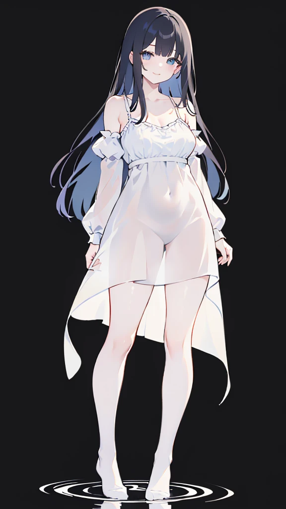 masterpiece, 8K, Detailed face, best quality, Must be created as described, (1 girl, alone, 20 years old, 158cm), (Black hair, long hair, Straight Hair, Bangs), (innocent, Big blue eyes like diamonds), (fair skin, thin waist, long legs), (Wearing a close-fitting pure white dress, spaghetti straps, V-neck style), (The dress is light and translucent, Perfect fit, 連身裙只有spaghetti straps, There are no sleeves), (wearing white socks, No shoes), (Show your thighs, Show your arms, You should be able to see the curve of your thighs, Highlight your figure), (The expression looks shy, but with a smile), (light black background, Full body portrait, Stand Up Straight, symmetry)