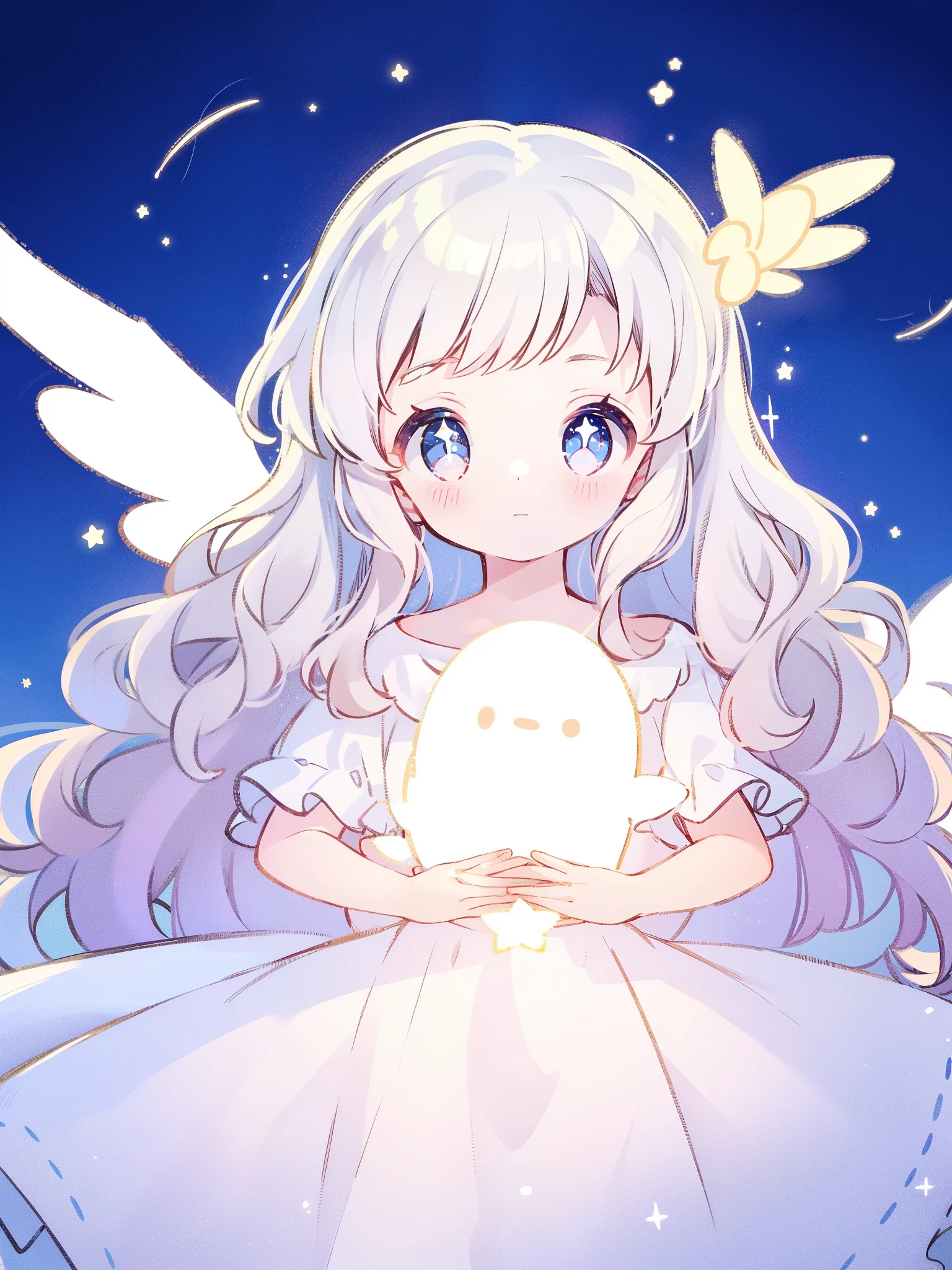 angel girl wearing an ethereal flowing layered dress, pale skin, ((sparkling wavy white hair)), white feathers, angel wings, sparkling detailed eyes, golden ratio face, perfect composition, highly detailed, ethereal, (starry night sky background), midjourney style