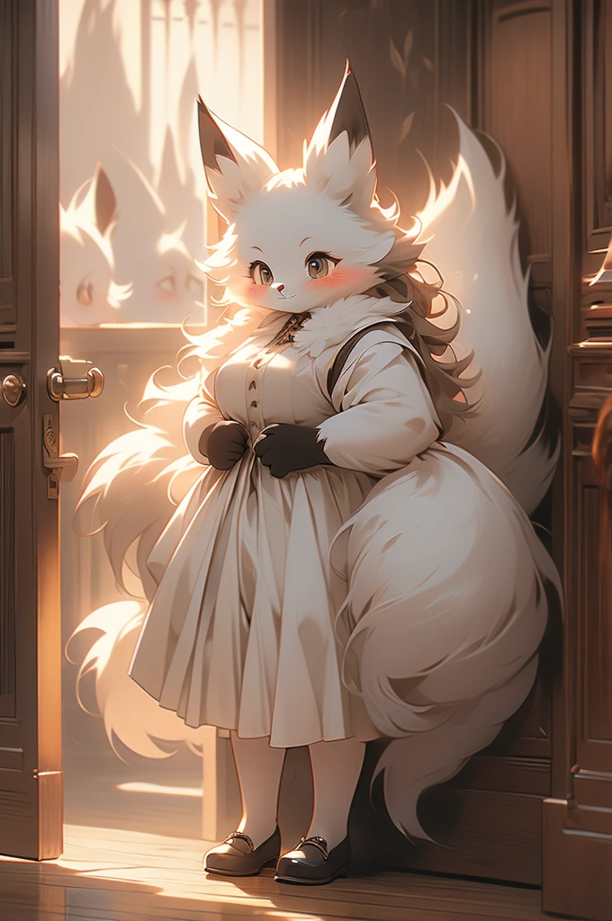 maid, maid uniform, fox ears, fox tail, voluptuous, powerful, plump, black fur, hallway, wooden walls, victorian style, blush, shy, standing in a door frame, bowing