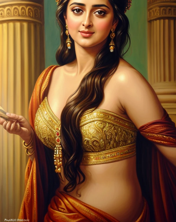Looks like Anushka Shetty, Masterpiece, Best quality, high clarity eyes, critically flawless,sharp picture, Full portrait, High pixels, perfect face, perfect eyes, beautiful face, perfect hands,perfect fingers, in Peter Paul Rubens style, by Peter Paul Rubens, baroque style, acrylic on canvas, highly detailed, description: "Create a nymph inspired by the tales of Greek or Roman mythology, embodying the essence of a natural element or location, and possessing a unique ability or trait that sets her apart.", strapless Bra of ancient times, strapless bralette, armpits showing, detailed armpits, ravishing beauty queen, 