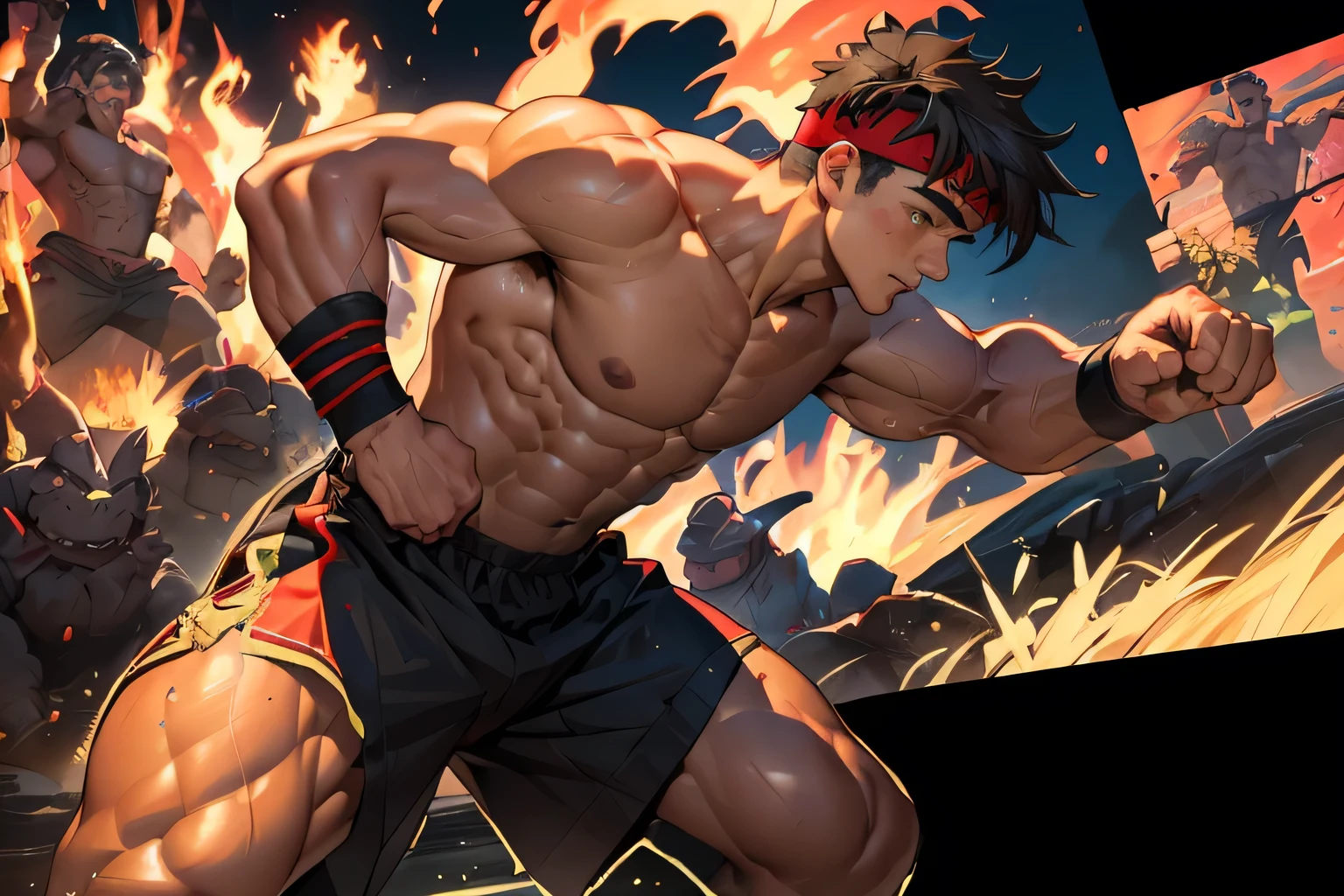 (Masterpiece, Best quality, high resolution,  boy, night, black background, cowboy shot), ((((solo)))), Young, boy, muscler, Shirtless, (Dark Short straight hair, short bangs, ((almost completely shaved hair)), under cut, brown eyes), (red headband, ((fingerless grobe, black wristband))), ((hot Abs:1.2, big breast:1.2, upper arms, ((beautiful skin, jacked muscle, beautiful musculature, aesthetic striations, inspirational physique, lean muscle, beautiful v-taper, great abs and torso, chiseled abs, chiseled pecs)))), Vivid colors, detailed face, detailed muscle, (((rippling muscles, struggle, combats pose, fighting pose, serious, battle pose, martial arts stance, ready to fight, in fight of huge fat ork, side view)))