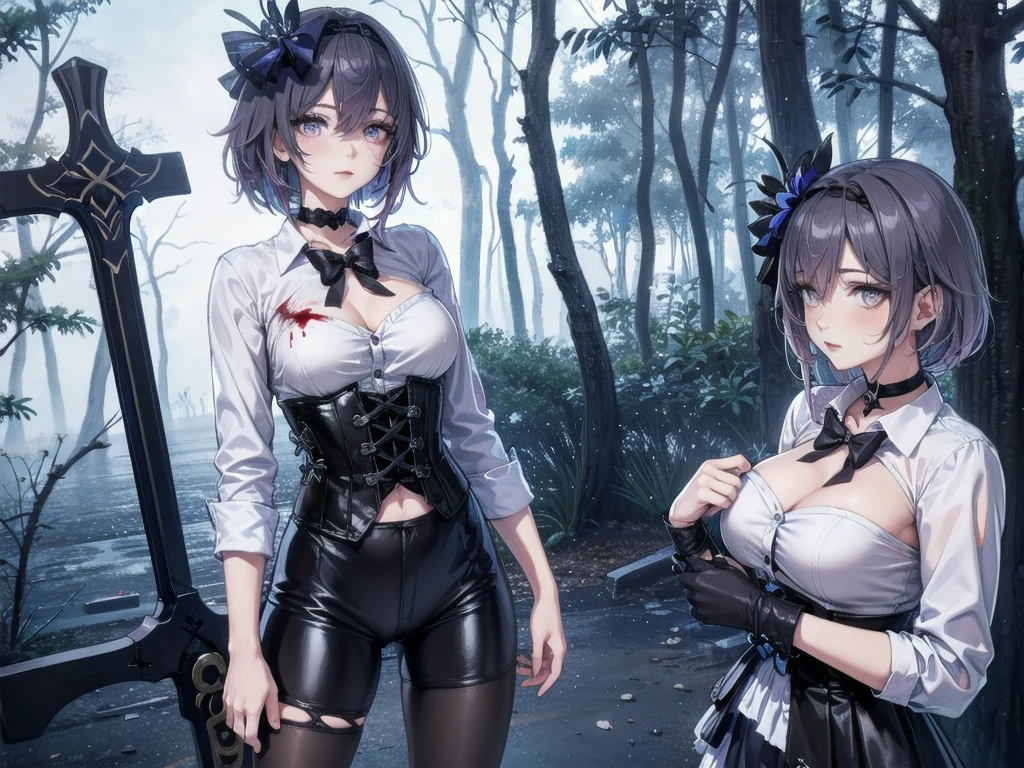 ((blood droplets)), ((blood)), ((blood splatter)), ((blood on clothes)), ((blood stain)), Masterpiece, Beautiful art, professional artist, 8k, Very detailed face, Detailed clothing, detailed fabric, 1 girl, Soul Fullness \(Honkai Impact 3rd\), front view, standing, BIG BREASTS, perfectly drawn body, shy expression, pale skin, beautiful face, short dark blue hair, 4k eyes, very detailed eyes, pink cheeks, choker:1.6, (white long sleeve button down shirt with white collar), black gloves, gloves that cover hands, (holds an ax with his right hand), (black leather corset), (shiny black leggings), Sensual Lips , winter night, show details in the eyes, looking at the viewer, dark forest, Atmosphere, fog, At night