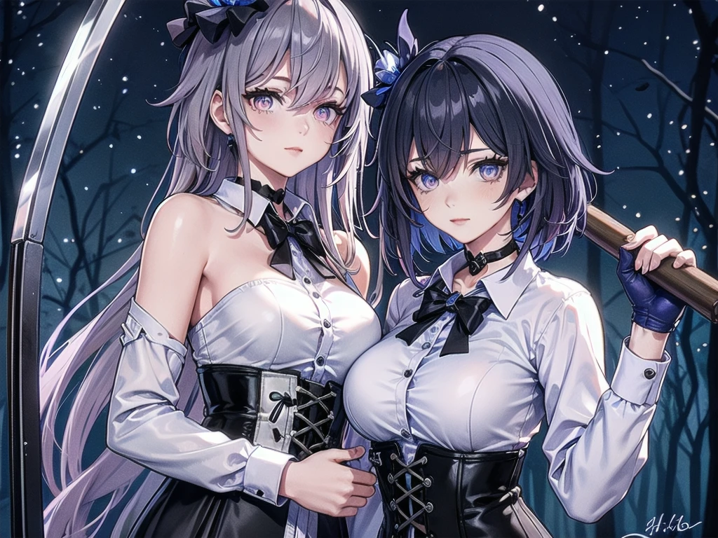 ((blood droplets)), ((blood)), ((blood splatter)), ((blood on clothes)), ((blood stain)), Masterpiece, Beautiful art, professional artist, 8k, Very detailed face, Detailed clothing, detailed fabric, 1 girl, Soul Fullness \(Honkai Impact 3rd\), front view, standing, BIG BREASTS, perfectly drawn body, shy expression, pale skin, beautiful face, short dark blue hair, 4k eyes, very detailed eyes, pink cheeks, choker:1.6, (white long sleeve button down shirt with white collar), black gloves, gloves that cover hands, (holds an ax with his right hand), (black leather corset), (shiny black leggings), Sensual Lips , winter night, show details in the eyes, looking at the viewer, dark forest, Atmosphere, fog, At night