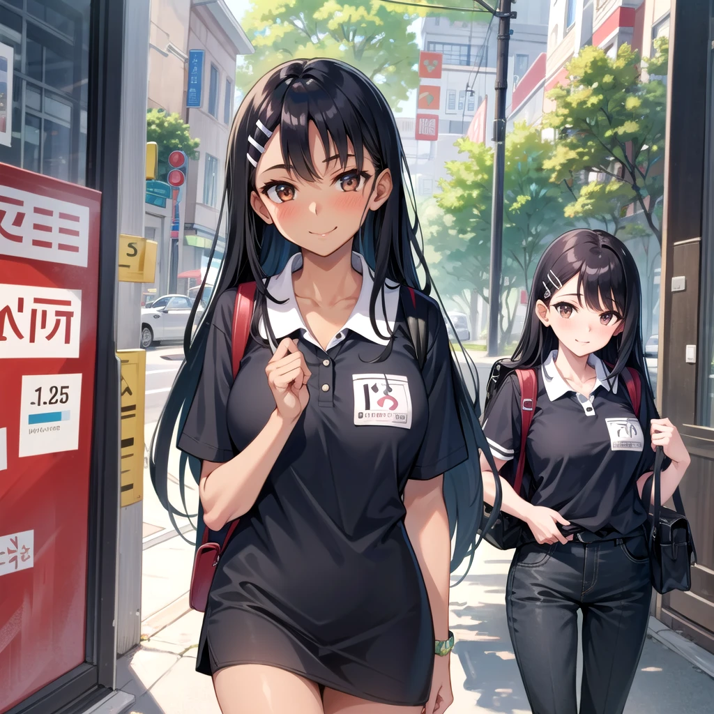 ((best quality)), ((masterpiece)), (details), one girl, sexy ((best quality)), ((masterpiece)), (details), one girl, sexy ((best quality)), ((masterpiece)), (details), one girl, full body, sexy expensive body, expensive, long legs, mature woman, mature, adult, it_nagatoro_main, Hayase Nagatoro, one girl, blushing, alone, uniform polo shirt, short sleeves, black hair, bag, brown eyes, hair accessory, looking at viewer, hair clip, outdoors, backpack, smiling, long hair, dark skinned woman, dark skin, , bangs, daytime, skirt, collared shirt, collarbone, ear clip, mouth closed, tree, asymmetrical bangs, upper body