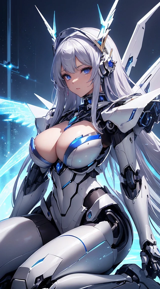 (Sit on one knee on the machine:1.6)、(Full body description:1.3)、((Shining lenses on both breasts:1.3))、((Blue pillars of light are emanating from both chests.:1.3))、smile、((8K)), ((32k)), ((Highest quality)), ((masterpiece)), ((超A high resolution)), ((Tmasterpiece)), ((Halation:1.4))、((Mechaニカルheadgear:1.2))、((Cyber Headphones:1.3))、Fine skin, High quality fabric, Fine metal texture、((Beautiful and dense face))、RAW Photos、Professional, Ultra-fine painting, ((alone)), Beautiful breasts、Highest quality, Very detailed, Very detailed詳細, Finer details, so beautiful, ((Princess Knight Robot:1.2)), (Joints of machines, Mechanical Limbs:1.3), (The internal structure of the machine is exposed:1.3), (Long silver hair:1.1), (Beautiful and huge mechanical breasts)、White Veil, cowboy_shot, Side Focus, headgear, Shiny、(Five Fingers, Four fingers and thumb),Concept Art, Anime fantasy artwork, Detailed fantasy art, (with pale blue-violet hair and large white wings,,,,,,,), (((Long silver hair))), (Mecha:1.6)、Sleek and intimidating design, ((Commander-in-Chief'arm)), (Perfect robot body)、純白と青紫armまたは, Symmetrical wings, 8K high quality, detailed art, 3D rendering of character art in 8K, neat legs, Defined, Defined fingers,