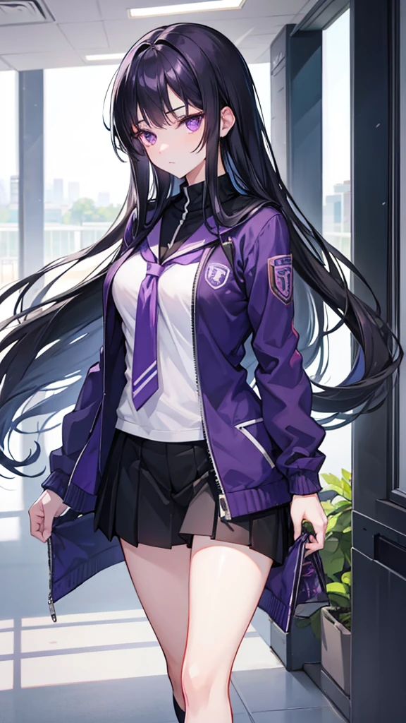 Girl with long black hair, purple eyes, UA uniform. High quality, HD. high resolution details. Walking through the halls of the UA academy. Anime style with the Boku No Hero Academi panel