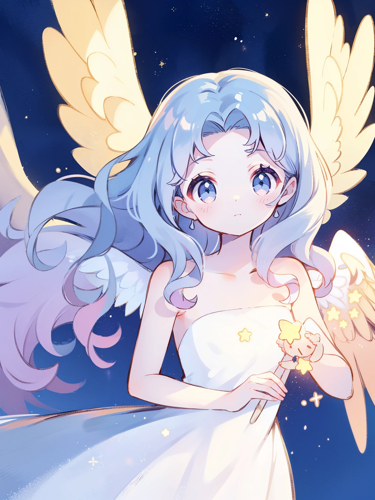 nude angel girl wearing an ethereal translucent dress, pale skin, ((wavy blue hair)), white feathers, angel wings, sparkling detailed eyes, golden ratio face, perfect composition, highly detailed, ethereal, (starry night sky background), midjourney style