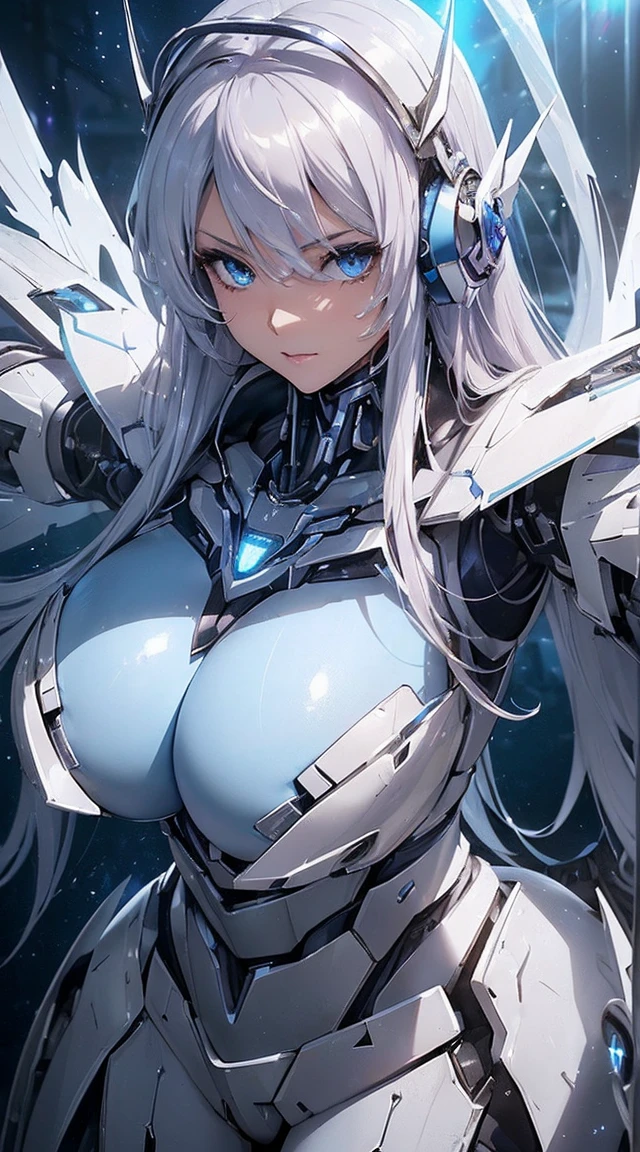 ((Extreme close up:1.6))、(((Lenses shining on both breasts:1.3)))、((A blue pillar of light emanates from both of his chests..:1.3))、break、(((Dynamic pose:1.8)))、smile、((8K)), ((32k)), ((Highest quality)), ((masterpiece)), ((超A high resolution)), ((Tmasterpiece)), ((Halation:1.4))、((Mechaニカルheadgear:1.2))、((Cyber Headphones:1.3))Fine skin, High quality fabric, High-quality metal texture、((Beautiful and dense face))、RAW Photos、Professional, Ultra-fine painting, ((alone)), Beautiful breasts、Highest quality, Very detailed, Very detailed詳細, Finer details, so beautiful, ((Princess Knight Robot:1.2)), (Joint of the machine, Mechanical Limbs:1.3), (The internal structure of the machine is exposed:1.3), (Long silver hair:1.1), (Beautiful and huge mechanical breasts)、White Veil, cowboy_shot, Side Focus, headgear, Shiny、(Five Fingers, Four fingers and thumb),Concept Art, Anime fantasy artwork, Detailed fantasy art, (with pale blue-violet hair and large white wings,,,,,,,,), (((Long silver hair))), (Mecha:1.6)、Sleek and intimidating design, ((Commander-in-Chief'arm)), (Perfect robot body)、純白と青紫のarmまたは, Symmetrical wings, 8K High Resolution, Detailed Art, 3D rendering of character art in 8K, neat legs, Defined, Defined fingers,((headshot:1.3))
