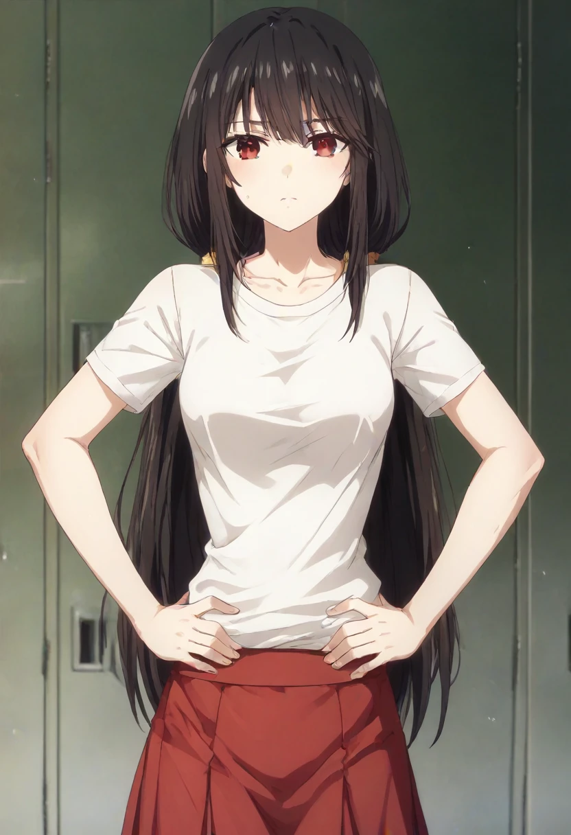 ultra-detailed,highly detailed,best quality,masterpiece,illustration, 
The image features an anime-style character with long, dark hair and heterochromatic eyes—one red and one yellow. The character is wearing a white sports shirt with red accents and a matching red skirt. The setting appears to be a locker room or a sports equipment room, as there are clothes and uniforms hanging in the background. The character's pose, with hands on hips and a slightly tilted head, suggests confidence or curiosity. The lighting is soft, casting gentle shadows and giving the scene a somewhat realistic touch despite its animated nature.