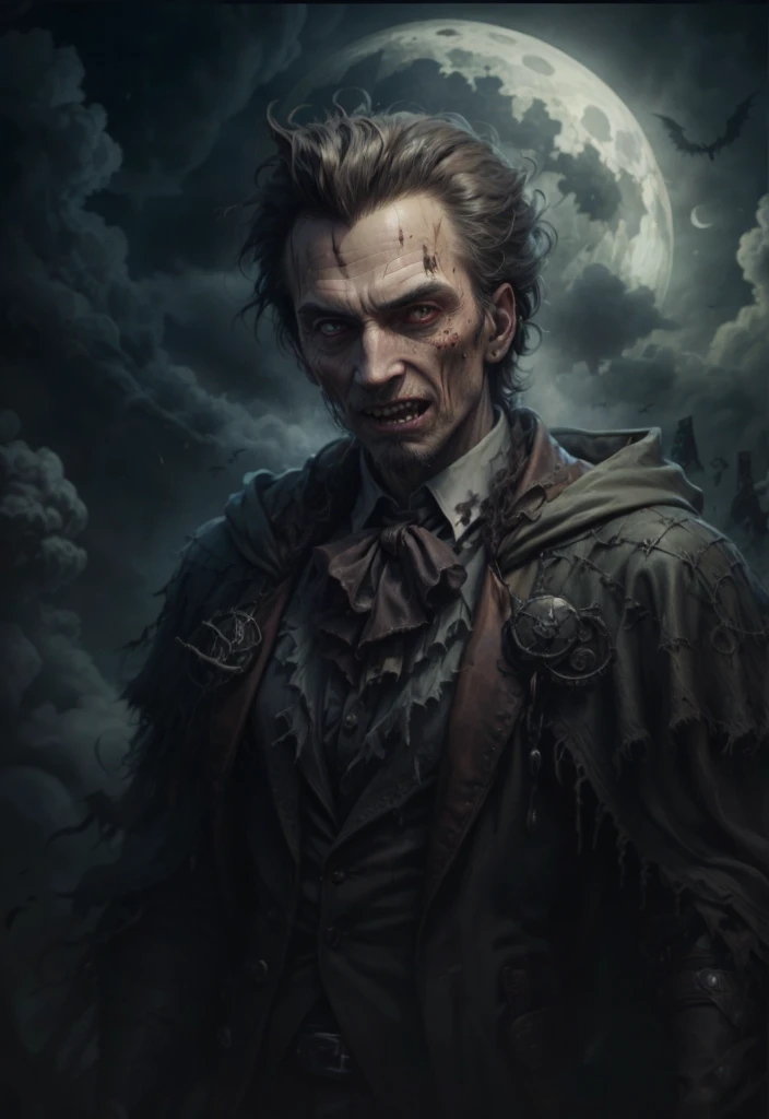 image of a man in a dark suit against the backdrop of the full moon, dark fantasy portrait, portrait of a blood hunter, dark fantasy art, dark fantasy character design, Fantasy portrait, Epic fantasy portrait, portrait of the old necromancer, dark fantasy, mixed with realism, wide mouth with fangs, sharp teeth, torn mouth, teeth like a monster, Human, красивый Human средних лет, gothic outfit, medieval outfit, humane, bright background