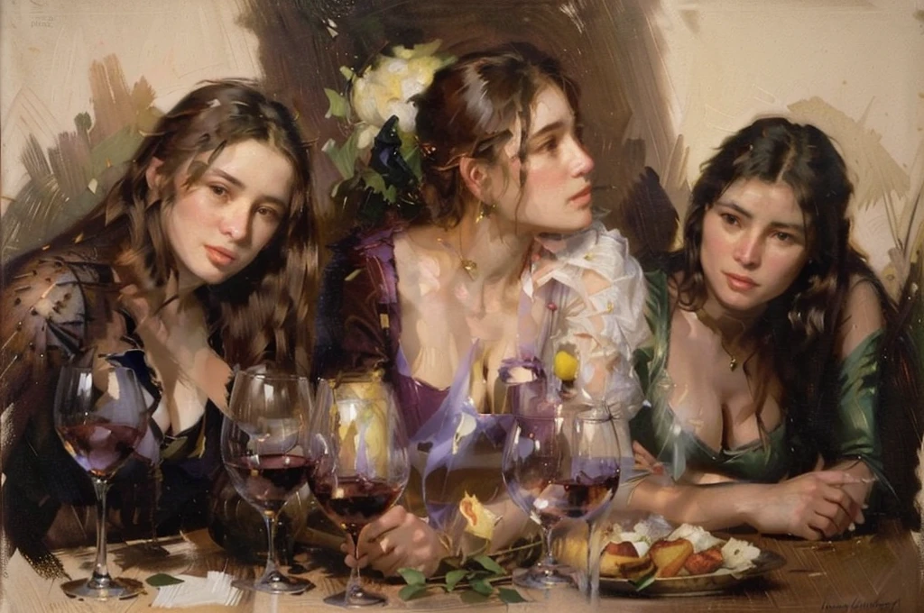 painting of a woman sitting at a table with wine glasses, Nick Alm, by Andrea Pozzo, Jeremy Lipking, range murata Jeremy Lipking, by Carlo Mense, inspired by Enrique Simonet, sargento marshénnikov, by Michael Ford, krenzcushart, Jeremy Lipking full length shot, by Josep Rovira Soler
