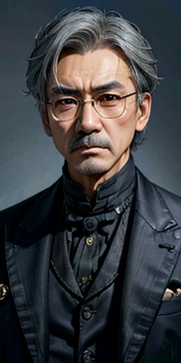 A photorealistic picture of an angry 50 year-old Asian man in gray steampunk clothes, wide face, gray hair, serious face; wearing dark Victorian clothes, dark blue coat, spectacles, frowning, realistic skin tone