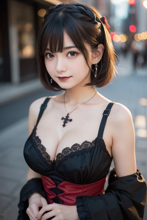 girl, White skin, ((Dark brown short tiered hair)), V cut with layers and bangs, Brown eyes, Soft atmosphere characteristics (Highest quality, Ultra-high resolution, 8K, RAW Photos, Ultra-high resolution: 1.2, masterpiece: 1.3), (Realistic, Realistic: 1.37), Very detailed, Professional Lighting, Photon Mapping, Radio City, 物理ベースレンダring, One Girl, (high school girl), Sharp focus:1.2、Beautiful woman:1.4,cute, Nice, Adorable smile, Normal chest, Cross Necklace、Earrings、ring,(Cleavage)、((Dark brown short hair),Gothic ta Fashion, (((red and black gothic loliJapanese cityscape,Fukuoka,Selfie,