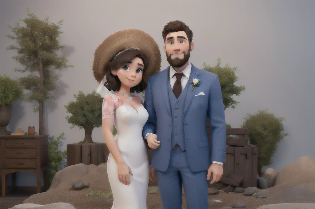 a woman in a white wedding dress, dark brown hair, brown dark eyes. a man in a blue suit, beard and dark brown short hair. gray studio background.