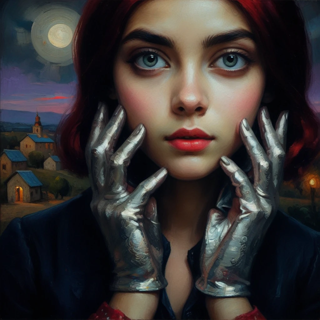 [(front portrait: pretty teen girl  with big eyes and a short red bob)((Mordecai-Ardon style)))::20]/[background:landscape
 Baroque (moonlight sunset), style Rafael Santi], naive art, primitivism, protogen, crimson/liliac, very colorful,((oil painting)),((masterpiece)),single shot