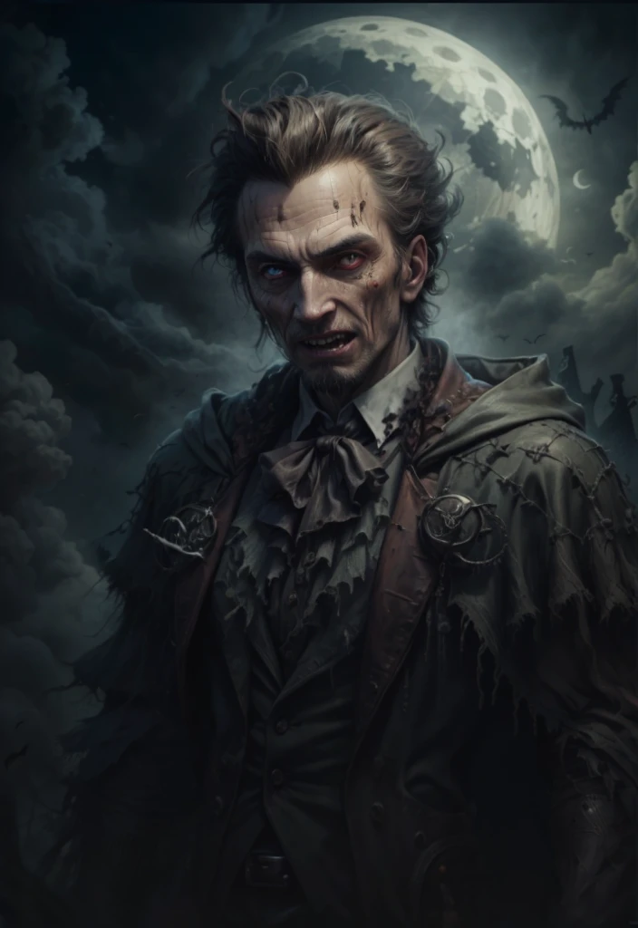 image of a man in a dark suit against the backdrop of the full moon, dark fantasy portrait, portrait of a blood hunter, dark fantasy art, dark fantasy character design, Fantasy portrait, Epic fantasy portrait, portrait of the old necromancer, dark fantasy, mixed with realism, wide mouth with fangs, sharp teeth, torn mouth, teeth like a monster, Human, красивый Human средних лет, gothic outfit, medieval outfit,bright background, regular eyeballs