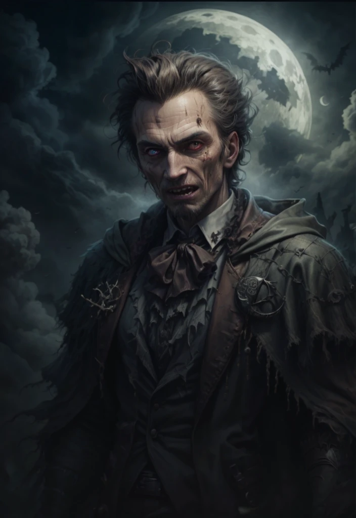 image of a man in a dark suit against the backdrop of the full moon, dark fantasy portrait, portrait of a blood hunter, dark fantasy art, dark fantasy character design, Fantasy portrait, Epic fantasy portrait, portrait of the old necromancer, dark fantasy, mixed with realism, wide mouth with fangs, sharp teeth, torn mouth, teeth like a monster, Human, красивый Human средних лет, gothic outfit, medieval outfit,bright background, regular eyeballs