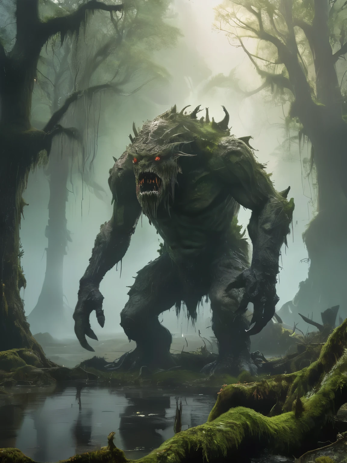 A photo of a (colossal swamp beast:1.3), towering over a (lone wanderer:1.1), vibrant green moss on scales, (glowing eyes:1.2), misty marshland, (jagged mountain backdrop:1.1), ethereal light shafts, serene water stream, (ancient trees:1.1), tranquil yet foreboding, Sony A1, 1/800s, f/5.6, ISO 320, epic scale, high dynamic range, immersive environment, RAW photography, professional grade,