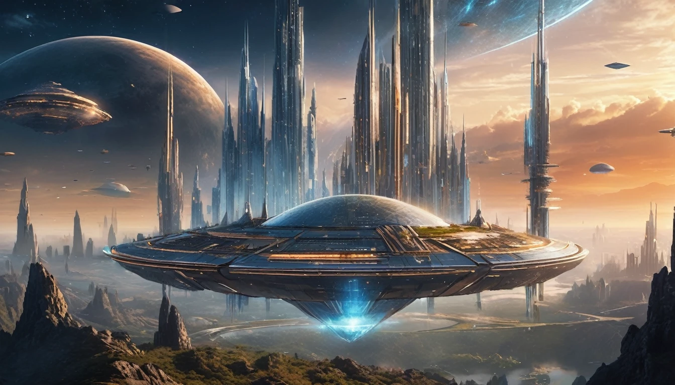 (best quality,4K,8K,High resolution,masterpiece:1.2),Super detailed,(Practical,realistically,realistically:1.37),The fusion of future technology and the Middle Ages,(A medieval city full of high-tech elements:1.2),Medieval ancient bell tower,Gothic castle,Spectacular high-tech space landscape,Medieval castle with plasma thruster powered warp drive,advanced space station,Glowing hologram,The sky is full of starry floating islands:1.4),future technology,Luxurious architectural design,Impressive futuristic cityscape,advanced spacecraft,Flying a drone,transparent dome,Parking is suspended,towering skyscrapers,energy shield,sparkling neon lights,Huge spaceport,interstellar travel,cosmic energy field,Alien flying saucers,interstellar exploration,Epic sci-fi atmosphere,Artificial Intelligence Integration,strong energy beam,otherworldly aesthetics,cosmic phenomenon,zero gravity environment,Majestic celestial body,Pulsating Energy Core,majestic control center,dramatic celestial background,Charming future skyline,high-tech infrastructure,cosmic jump gate,Beyond technology,Advanced terraforming,interstellar civilization,The possibilities are endless.