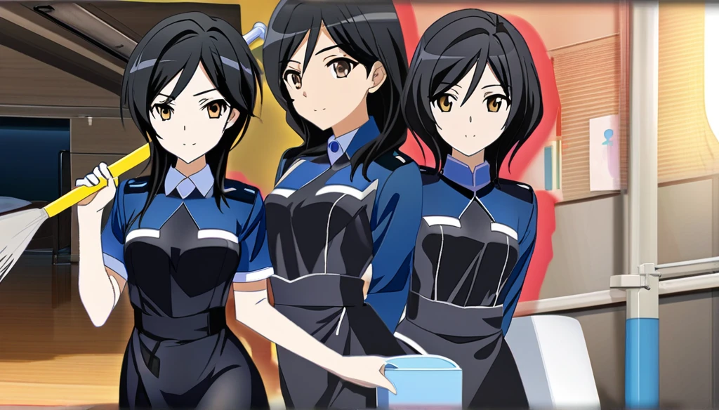 (Anime Infinite Stratus Art, 8k, ultra full high definition, epic quality, epic texture). The theme is hospital hygiene.  The setting is a hospital room, very detailed.  There is a woman, Brazilian, her name is Regina, she is 51 years old, very short estature, she has very long black hair, she has a beautiful face, some expression lines due to her age, light brown eyes, white skin, very skinny, narrow chest, small breasts, very thin waist, narrow hips, small and round butt, slender legs, she works with hygiene, wears a very tight full navy blue sanitation uniform, she wears long yellow rubber gloves, she holds a broom, she is wearing black hygiene boots, she is sensual and cheerful, she leaves men enchanted.  the atmosphere is calm and sensual.