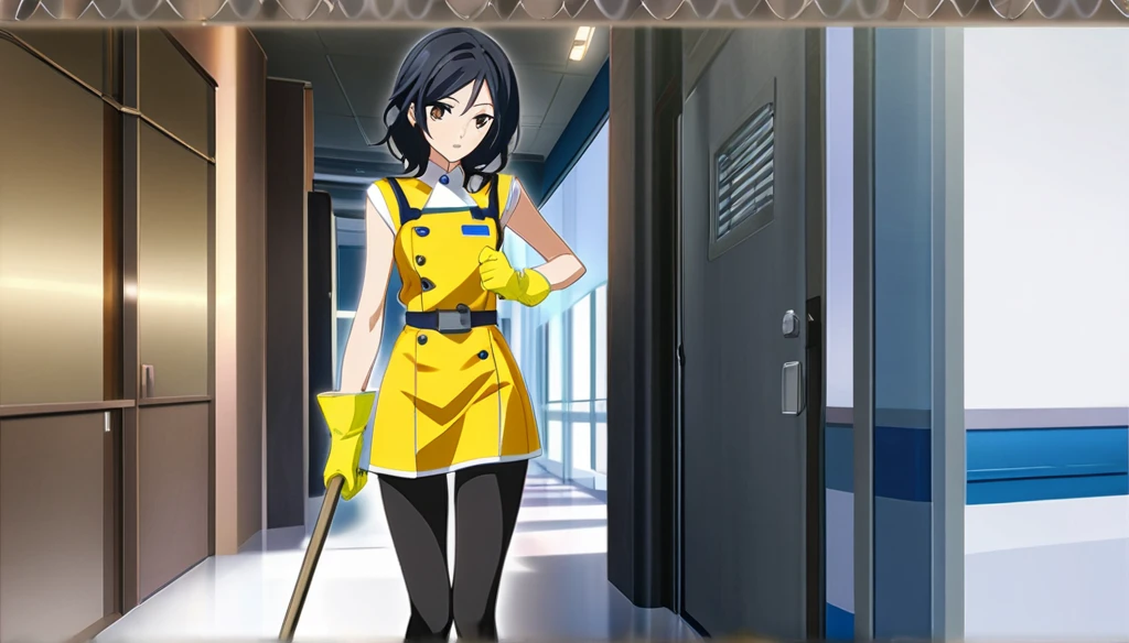 (Anime Infinite Stratus Art, 8k, ultra full high definition, epic quality, epic texture). The theme is hospital hygiene.  The setting is a hospital room, very detailed.  There is a woman, Brazilian, her name is Regina, she is 51 years old, very short estature, she has very long black hair, she has a beautiful face, some expression lines due to her age, light brown eyes, white skin, very skinny, narrow chest, small breasts, very thin waist, narrow hips, small and round butt, slender legs, she works with hygiene, wears a very tight full navy blue sanitation uniform, she wears long yellow rubber gloves, she holds a broom, she is wearing black hygiene boots, she is sensual and cheerful, she leaves men enchanted.  the atmosphere is calm and sensual.