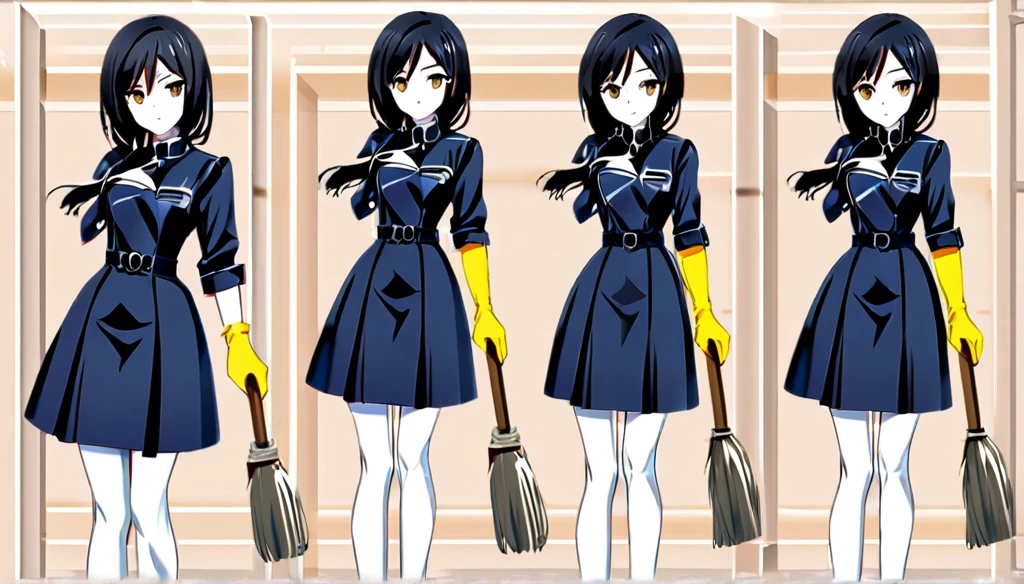 (Anime Infinite Stratus Art, 8k, ultra full high definition, epic quality, epic texture). The theme is hospital hygiene. The setting is a hospital room, very detailed. There is a woman, Brazilian, her name is Regina, she is 51 years old, very short estature, she has very long black hair, she has a beautiful face, some expression lines due to her age, light brown eyes, white skin, very skinny, narrow chest, small breasts, very thin waist, narrow hips, small and round butt, slender legs, she works with hygiene, wears a very tight full navy blue sanitation uniform, she wears long yellow rubber gloves, she holds a broom, she is wearing black hygiene boots, she is sensual and cheerful, she leaves men enchanted. the atmosphere is calm and sensual.