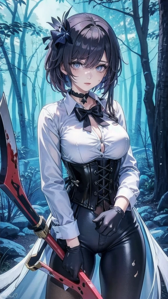 ((blood droplets)), ((blood)), ((blood splatter)), ((blood on clothes)), ((blood stain)), Masterpiece, Beautiful art, professional artist, 8k, Very detailed face, Detailed clothing, detailed fabric, 1 girl, Soul Fullness \(Honkai Impact 3rd\), front view, standing, BIG BREASTS, perfectly drawn body, shy expression, pale skin, beautiful face, short dark blue hair, 4k eyes, very detailed eyes, pink cheeks, choker:1.6, (white long sleeve button down shirt with white collar), black gloves, gloves that cover hands, (holds an ax with his right hand), (black leather corset), (shiny black leggings), Sensual Lips , winter night, show details in the eyes, looking at the viewer, dark forest, Atmosphere, fog, At night