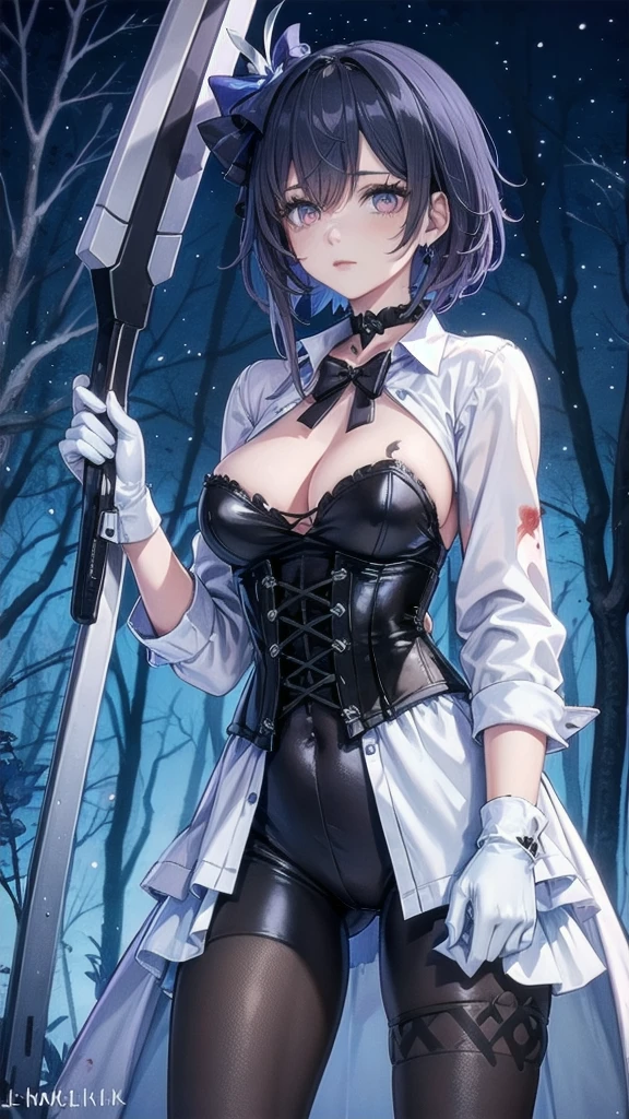 ((blood droplets)), ((blood)), ((blood splatter)), ((blood on clothes)), ((blood stain)), Masterpiece, Beautiful art, professional artist, 8k, Very detailed face, Detailed clothing, detailed fabric, 1 girl, Soul Fullness \(Honkai Impact 3rd\), front view, standing, BIG BREASTS, perfectly drawn body, shy expression, pale skin, beautiful face, short dark blue hair, 4k eyes, very detailed eyes, pink cheeks, choker:1.6, (white long sleeve button down shirt with white collar), black gloves, gloves that cover hands, (holds an ax with his right hand), (black leather corset), (shiny black leggings), Sensual Lips , winter night, show details in the eyes, looking at the viewer, dark forest, Atmosphere, fog, At night