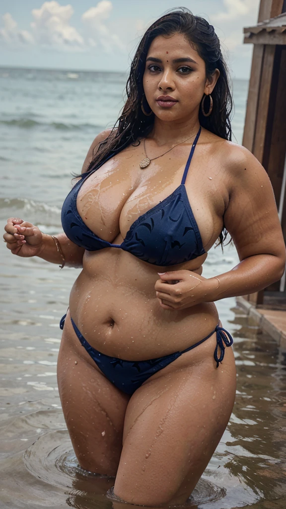 FULL WET BODY PICTURE, in SEA water, buffalo Pattern sexy thong bikini , wet Hindu BBW ,Wet curvy, chubby ,curvy,Busty desi Mommy  ,  big showing cleavage inside bra ,underarms, mehandi henna tattoo on both hands, Nose Ring, many bangles in both hands,Earings, Necklace ,Lipstick ,Navel,Indian, Chubby, showing her curves