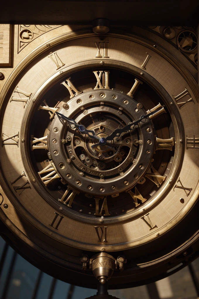 Realistic motion Image, captivating montage of Close-up of the inner workings of a 14th-century mechanical clock, high angle shot, ambient light, detailed render, cinematic style, UHD